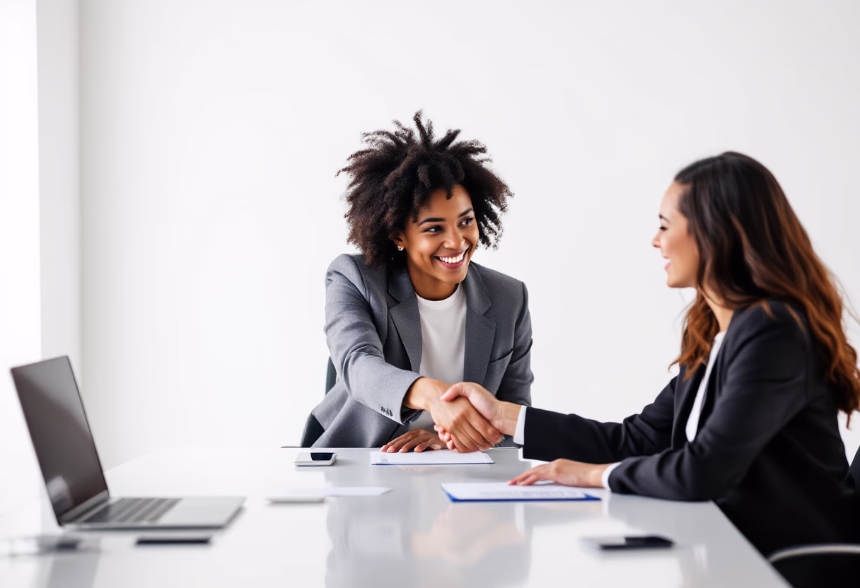 image of diverse professionals shaking hands across a conference table for an ai biotech company